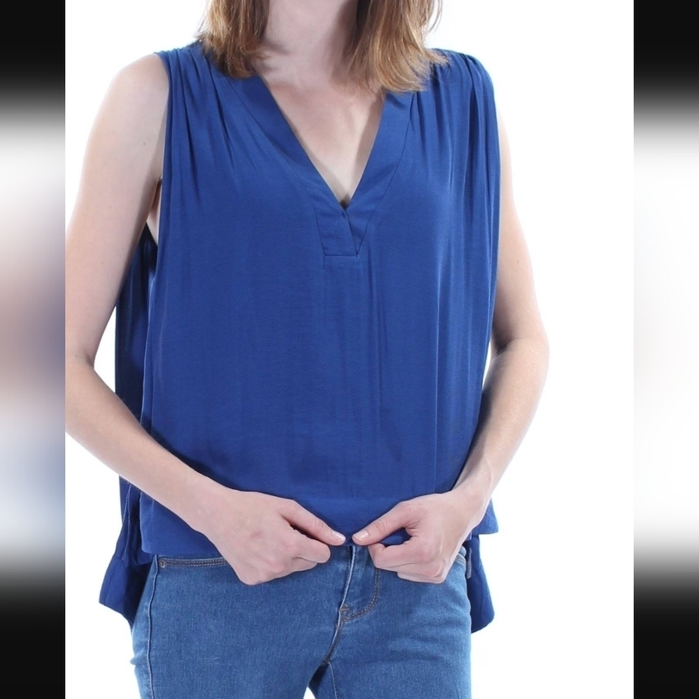 Free People Darcy Navy Blue Sleeveless Low V Neck Ruched Pleated Blouse XS